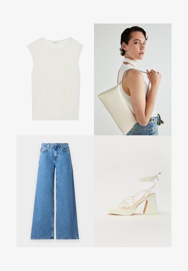 Fehér ujjatlan felső, kerek nyakkivágással. Simább anyagból készült, laza fazonnal és minimalista kialakítással rendelkezik. Nincsenek minták vagy díszítések.; Nagy lábú kék farmernadrág magas derékkal, klasszikus öt zsebes dizájnnal és oldalvarrásokkal a részletes megjelenés érdekében.; Fehér, magassarkú szandál vastag sarokkal, pántos dizájnnal és bokapánttal. Sima textúra, elülső platformmal a megnövelt magasság érdekében.; Fehér, téglalap alakú, fényes anyagból készült clutch táska, ezüst láncos pánttal. A modell pózol, bemutatva a táskát egy egyszínű háttér előtt.