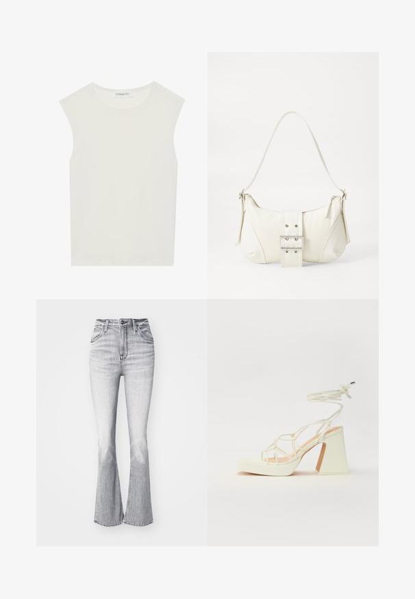 Balts bez piedurknēm tops ar apaļu kakla izgriezumu. Izgatavots no gludas auduma, tam ir brīvs piegriezums un minimālistisks dizains. Nav nekādas rakstainības vai akcentu.; Lee BREESE - Auduma bikses - heavy ice; Baltas augstpapēžu sandales ar masīvu papēdi, ar siksnu dizainu un potītes saistītiem elementiem. Gluda tekstūra ar platformu priekšpusē, lai nodrošinātu papildu augstumu.; Balts plecu soma ar teksturētu apdari, centrālu sprādzi un izliekta forma. Ražota ar rāvējslēdzēja aizdares abās pusēs.