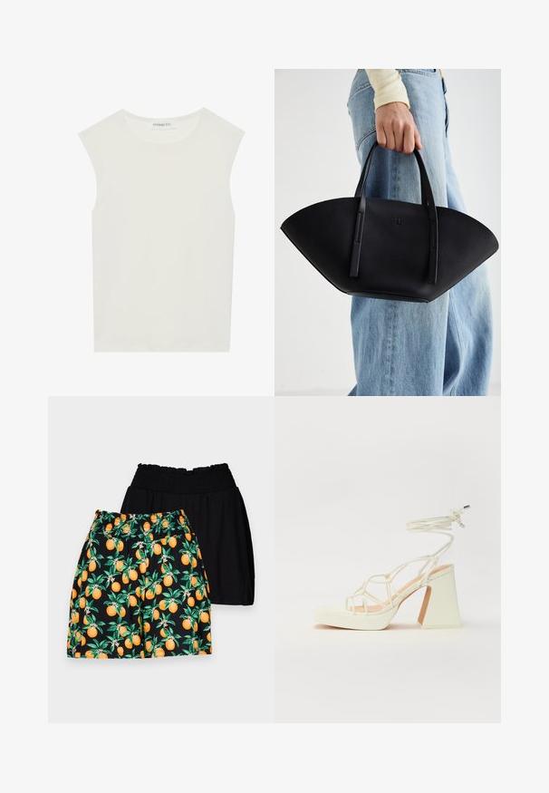 Bijela majica bez rukava s okruglim izrezom. Izrađena je od glatkog materijala, nudi opušteni kroj i minimalistički dizajn. Bez uzoraka ili ukrasa.; Crne i uzorčaste kratke hlače; crne hlače glatke teksture, narančaste hlače s uzorkom koje prikazuju zelene listove i svijetlo narančasto voće.; Bijela sandala na visokoj potpetici s debelim petom, s remenom i vezanjem oko gležnja. Glatka tekstura s platformom sprijeda za dodatnu visinu.; Crna kožna torba jedinstvenog oblika ventilatora, s ravnim ručkama. Površina ima teksturu sličnu šljunku i minimalistički dizajn.
