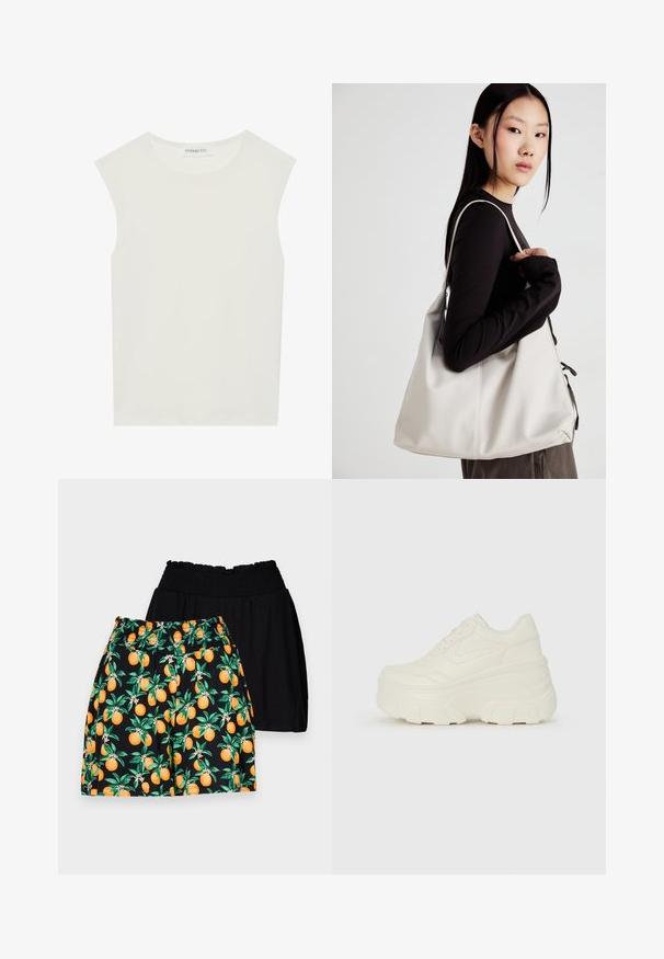 Weißes ärmelloses Top mit rundem Ausschnitt. Hergestellt aus glattem Stoff, hat es einen lässigen Schnitt und minimalistisches Design. Keine Muster oder Akzente.; Schwarze und gemusterte Shorts; ein schwarzes Paar mit glatter Textur, ein orangenes, gemustertes Paar mit grünen Blättern und leuchtend orangefarbenen Früchten.; Weiße Platform Sneakers mit einem glatten, lederähnlichen Obermaterial, abgerundeter Form, gepolstertem Kragen und strukturierten Gummisohlen mit ausgeprägten Stollen.; Beige Handtasche aus weichem Material, mit einem lässigen Design, gesteppten Details und zwei Schulterriemen. Geeignet für den täglichen Gebrauch.