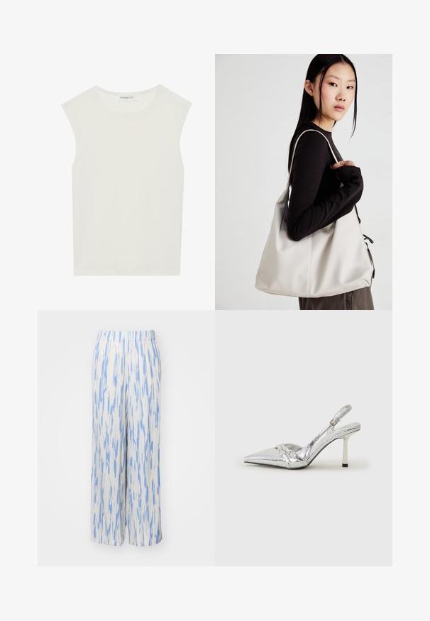Balta be rankovių palaidinė su apvaliu kaklu. Pagaminta iš lygios medžiagos, ji turi laisvą siluetą ir minimalistinį dizainą. Be raštų ar akcentų.; Lengvi plačių klešnių kelnės iš baltos medžiagos su mėlynais abstrakčiais raštais. Yra elastinė juosmens juosta komfortui ir patogiam dėvėjimui.; Sidabriniai slingback aukštakulniai batai su smailia pavadinimu, metaliniu paviršiumi, dviem dekoratyvinėmis juostelėmis ir lieknu kulnu su juodu galiuku.; Bežinė rankinė, pagaminta iš minkštos medžiagos, turinti laisvą dizainą, siuvinėtas detalės ir dvi petnešos. Tinkama kasdieniam naudojimui.; Sidabrinės širdelės formos auskarai puošti facetuotais skaidriais akmenimis, su tekstūruotu rėmu. Rinkinį sudaro tiek auskarai-stud, tiek kabančios formos.