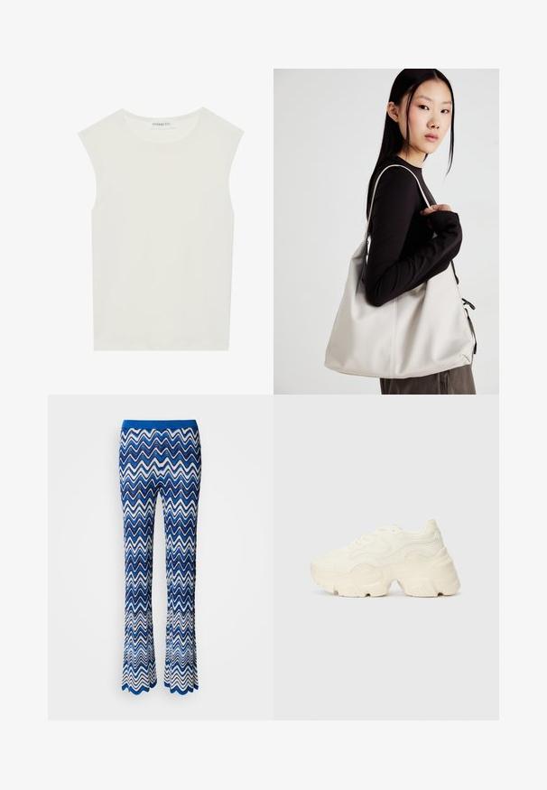 Haut sans manches blanc avec un col rond. Fabriqué en tissu lisse, il présente une coupe décontractée et un design minimaliste. Pas de motifs ni d'accents.; Pantalons évasés à motif zigzag bleu et blanc, en tissu léger et texturé, dotés d'une ceinture élastique bleue contrastante.; Baskets blanches chunky en maille texturée et matériaux synthétiques, avec une semelle épaisse et des détails en motif complexes sur les côtés.; Sac à main beige en matériau souple, avec un design décontracté, des détails cousus et deux poignées. Idéal pour un usage quotidien.