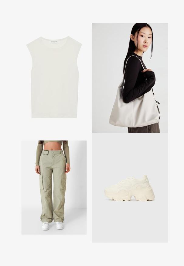 Witte mouwloze top met een ronde halslijn. Gemaakt van gladde stof, het heeft een losse pasvorm en een minimalistisch ontwerp. Geen patronen of accenten.; Lichtgroene cargo pants met een losse pasvorm, voorzien van zijzakken en elastische trekkoorden aan de onderkant, gemaakt van een gladde, duurzame stof.; Chunky witte sneakers gemaakt van geperforeerd mesh en synthetische materialen, met een dikke zool en ingewikkelde patroon details aan de zijkanten.; Beige handtas gemaakt van zacht materiaal, met een slonzig ontwerp, gestikte details en twee schouderbanden. Geschikt voor dagelijks gebruik.