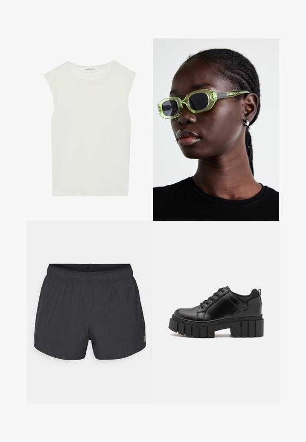 Valkoinen hihaton paita, jossa on pyöreä kaula-aukko. Valmistettu sileästä kankaasta, siinä on rento istuvuus ja minimalistinen muotoilu. Ei kuvioita tai koristeita.; Mustat urheilushortsit, jotka on valmistettu hengittävästä kankaasta, joustavalla vyötärönauhalla, ja joissa on hillitty rei'itetty tekstuuri sekä pieni logo-tyyli.; Mustat nahkakengät, joissa on lättihenkinen korko, pyöreä kärki ja perinteinen nauhakiinnitys. Ominaisuuksiin kuuluu sileä pintakuvio ja minimaalinen yksityiskohtaisuus.; Vihreäntönöiset aurinkolasit, joissa on kapea, suorakulmainen kehys ja tummat linssit; teksturoitu harmaa pikkukäsi brändäyksellä. Sileä iho ja musta paita.
