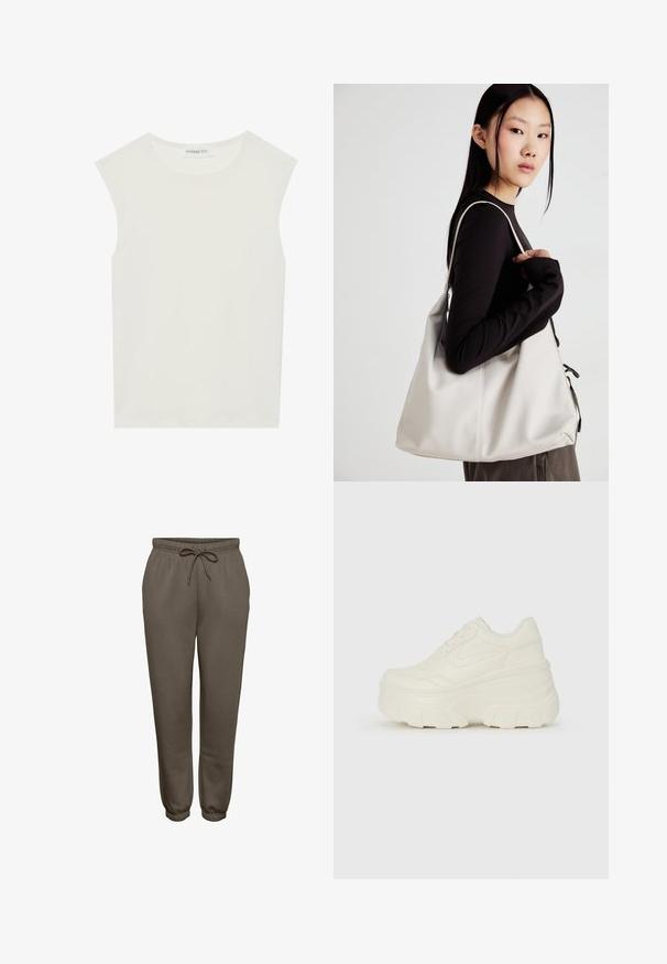 White sleeveless top with a round neckline. Made of smooth fabric, it features a relaxed fit and minimalist design. No patterns or accents.; Brown sweatpants made of soft fabric, featuring an elastic waistband with a drawstring, and tapered cuffs at the ankles.; White platform sneakers featuring a smooth leather-like upper, rounded shape, padded collar, and textured rubber sole with defined treads.; Beige handbag made of soft material, featuring a slouchy design, stitched detailing, and two shoulder straps. Suitable for everyday use.