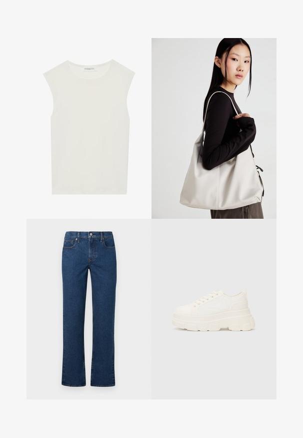 Bela brezrokavnica s okroglim izrezom. Narejena iz gladkega materiala, ima sproščen kroj in minimalističen dizajn. Brez vzorcev ali okrasnih elementov.; Temno modri ravni traper hlače z gumbom in zadrgo, sprednjimi in žepom za kovance ter zankami za pas, prikazane na ravni beli podlagi.; Bela platnena teniska z debelim podplatom, okroglo konico in petimi luknjicami za vezalke. Zadaj je dodana zanka za enostavno obuvanje. Gladka tekstura, minimalistična zasnova.; Bežna torbica iz mehkega materiala, z ohlapno zasnovo, šivi in dvema naramnicama. Primerna za vsakodnevno uporabo.