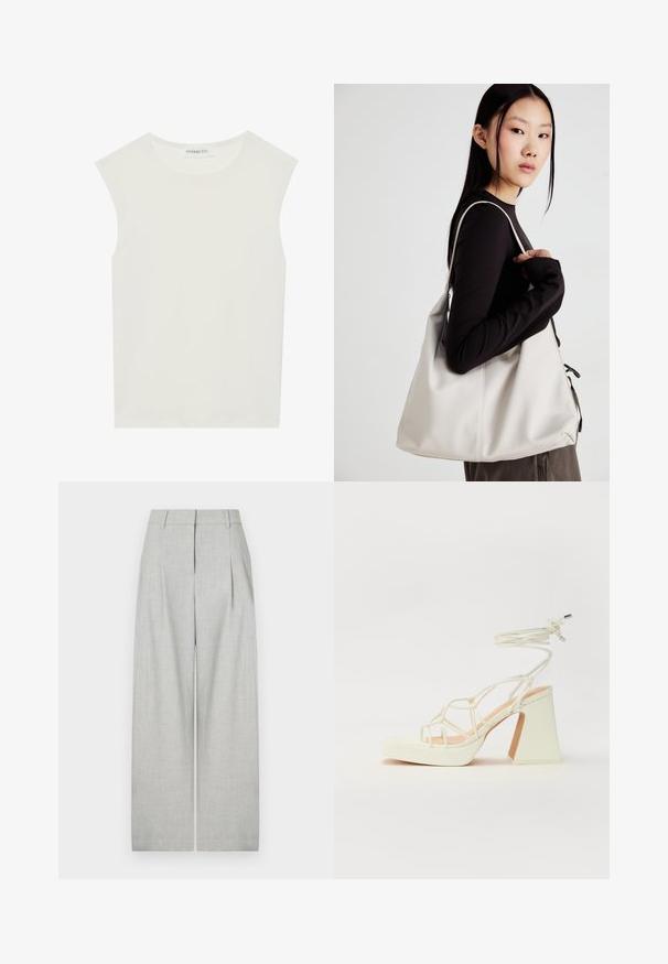 Top alb fără mâneci, cu decolteu rotund. Fabricat dintr-un material neted, prezintă o croială lejeră și un design minimalist. Fără modele sau accente.; Pantaloni largi gri deschis dintr-un material texturat, cu pliuri frontale, o talie curată și fără buzunare vizibile.; Sandale albe cu toc înalt și gros, cu un design cu curele și legătură la gleznă. Textură netedă, cu o platformă frontală pentru înălțime suplimentară.; Geantă bej din material moale, cu un design lejer, detalii cusute și două bretele pentru umăr. Potrivită pentru utilizarea zilnică.