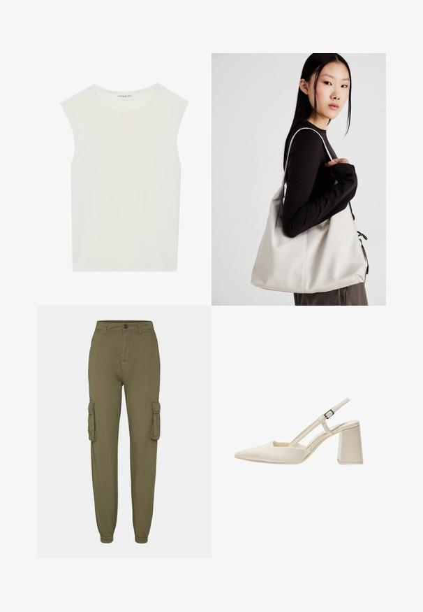 Vit ärmlös topp med rund halsringning. Tillverkad av ett mjukt tyg, har den en avslappnad passform och minimalistisk design. Inga mönster eller detaljer.; Olivgrön cargo-byxor i mjukt tyg, med två sidfickor, elastiska muddarna och en framknapp.; Beiga slingback-skor med spetsig tå, glänsande lackfinish, medelhög blockklack och justerbar rem. Minimalistisk design med öppna sidor.; Beige handväska tillverkad av mjukt material, med en avslappnad design, sydda detaljer och två axelremmar. Lämplig för dagligt bruk.