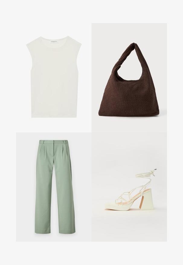 Valge ilma varrukateta topp ümmarguse kaelusega. Valmistatud siledast kangast, sellel on mugav lõige ja minimalistlik disain. Ei ole mustreid ega aksessuaare.; Roheline kohandatud pükste paar, mis on valmistatud siledast kangast. Omab sirge sääre disaini, voldid ees ja küljetaskud.; Valged kõrge kontsaga sandaalid, millel on paks konts ja rihmadega disain koos pahkluu sidumisega. Sile tekstuur ja platvorm ees, et lisada kõrgust.; Pruun punutud kott pehme kuju, ühe silmuskäepideme ja tekstuurse pinnaga. Kujundus on hobo stiilis, ilma täiendava riistvarata.