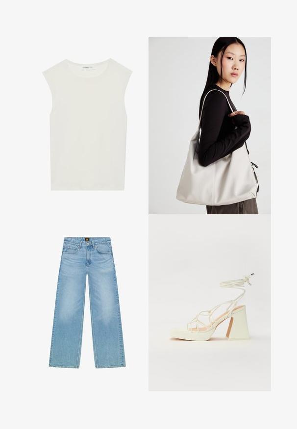 Valge ilma varrukateta topp ümmarguse kaelusega. Valmistatud siledast kangast, sellel on mugav lõige ja minimalistlik disain. Ei ole mustreid ega aksessuaare.; Heledad sinine, laiade sääremikega teksad, mis on valmistatud denimist. Omab klassikalist viie taskuga disaini ja peent pleegitatud tekstuuri. Nupp ja tõmblukk.; Valged kõrge kontsaga sandaalid, millel on paks konts ja rihmadega disain koos pahkluu sidumisega. Sile tekstuur ja platvorm ees, et lisada kõrgust.; Bež käekott pehme materjali, millel on lõtv disain, õmblustega detailid ja kaks õlarihma. Sobib igapäevaseks kasutamiseks.