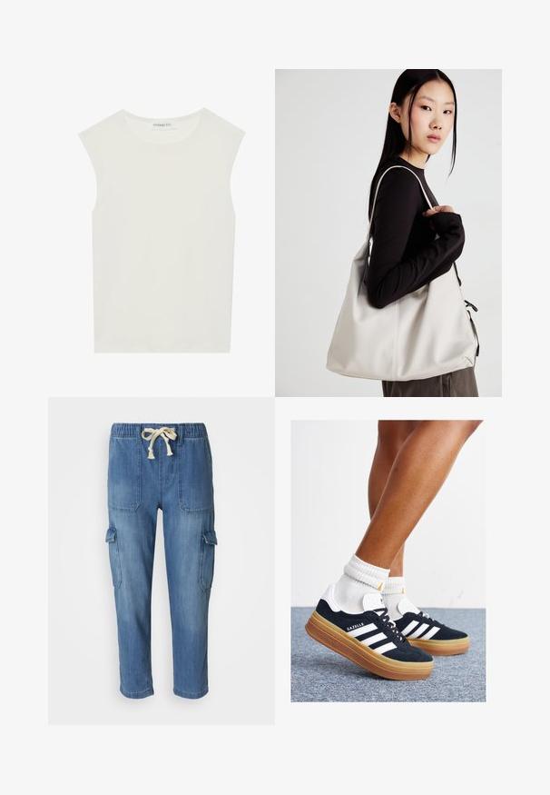 Top branco sem mangas com decote redondo. Feito de um tecido liso, apresenta um corte descontraído e um design minimalista. Sem padrões ou detalhes.; Calças cargo de denim azul claro com cintura elástica e cordão ajustável. Apresenta dois bolsos laterais e um bolso cargo na perna.; Ténis de camurça preta com riscas e detalhes brancos, biqueira arredondada, sola em borracha cor de goma, combinados com meias brancas caneladas até à altura do tornozelo.; Uma bolsa bege feita de material macio, com um design descontraído, detalhes de costura e duas alças para o ombro. Adequada para uso diário.