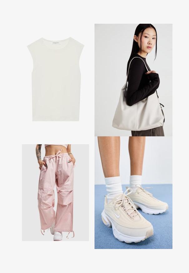 Bijela majica bez rukava s okruglim izrezom. Izrađena je od glatkog materijala, nudi opušteni kroj i minimalistički dizajn. Bez uzoraka ili ukrasa.; Ružičaste, lagane, oversized hlače s elastičnom urezom, detaljem za vezivanje i bočnim džepovima. Glatka tekstura s minimalnim naglasima brendiranja.; Bež sportske cipele s teksturiranim gornjim dijelom, bijelim vezicama i debelim bijelim potplatom. Dizajn sadrži suptilne obline i mali logo.; Bežna torba od mekog materijala s opuštenim dizajnom, šivanim detaljima i dva remena za rame. Pogodna za svakodnevnu upotrebu.