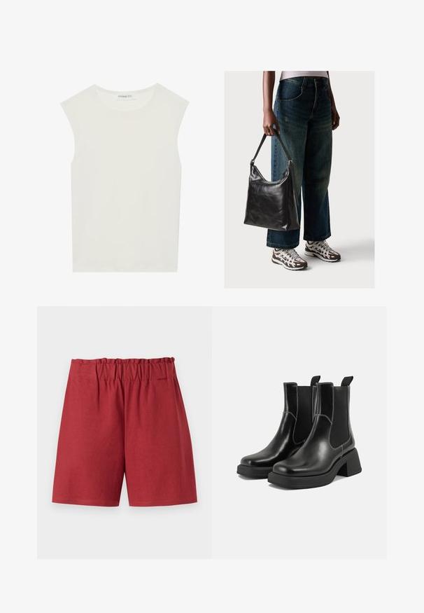 Hvit ermeløs topp med rund hals. Laget av glatt stoff, har den en avslappet passform og minimalistisk design. Ingen mønstre eller detaljer.; Røde shorts med elastisk liv, med en avslappet passform og glatt bomullstekstur. Nederkantene er rette uten synlige mønstre eller detaljer.; Sorte lær Chelsea støvler med en kraftig hæl, elastiske sidepaneler og kontrasterende hvid syning. Teksturert overflate.; Sort skinnveske med en glatt tekstur og justerbar stropp, kombinert med falmede vide jeans og atletiske sneakers.