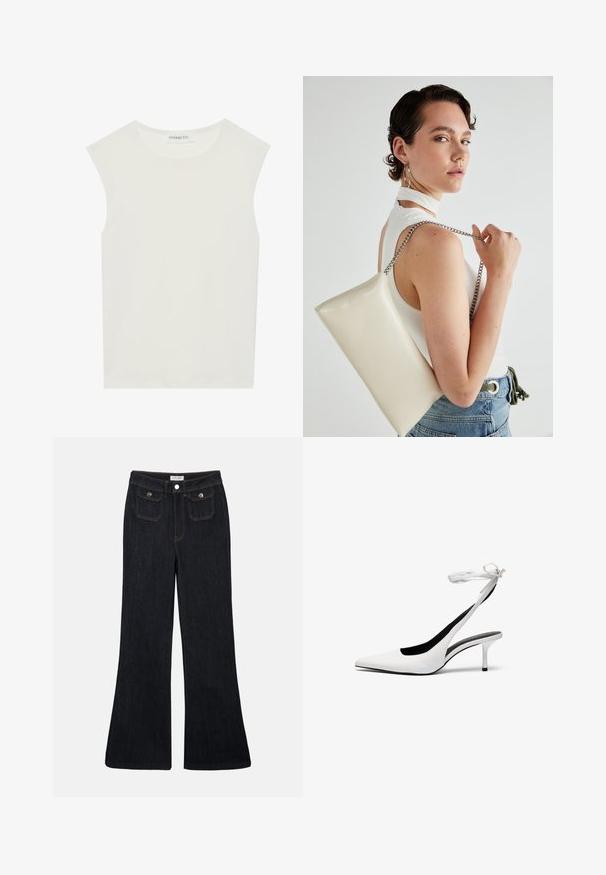Biely bezrukávový top s okrúhlym výstrihom. Vyrobený z hladkého materiálu, má uvoľnený strih a minimalistický dizajn. Žiadne vzory alebo akcenty.; Rozšírené tmavé denimové džínsy s vysokým pásom, dvoma prednými vreckami a oranžovým prešívaním. Materiál sa zdá byť pevný a hladký.; Biele lodičky s ostrou špičkou a otvorenou pätou, s tenkým remienkom okolo členku. Hladká kožená látka, tenký ihlový podpätok a čierne vnútorné podšívenie.; Biely obdĺžnikový kabelka z lesklého materiálu s strieborným reťazovým popruhom. Model predvádza kabelku na jednotnom pozadí.