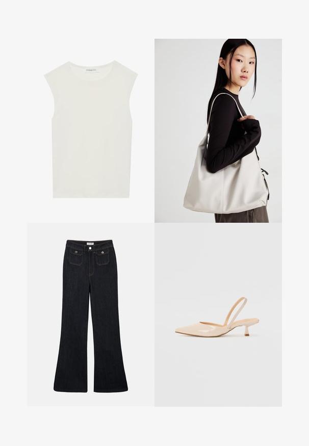 Bijela majica bez rukava s okruglim izrezom. Izrađena je od glatkog materijala, nudi opušteni kroj i minimalistički dizajn. Bez uzoraka ili ukrasa.; Proširene tamne traperice sa visokim strukom, dva prednja džepa i narančastim šavovima. Materijal izgleda čvrsto i glatko.; Bež sandale od lakirane kože s uskim vrhom i tankim, kvadratnim potpeticom. Glatka tekstura i minimalistički dizajn bez ukrasnih detalja.; Bežna torba od mekog materijala s opuštenim dizajnom, šivanim detaljima i dva remena za rame. Pogodna za svakodnevnu upotrebu.