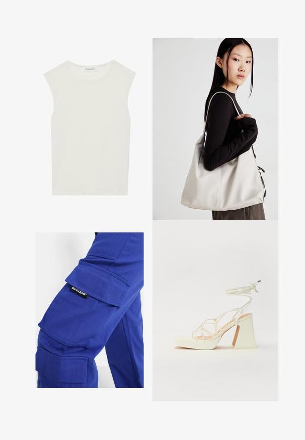 Witte mouwloze top met een ronde halslijn. Gemaakt van gladde stof, het heeft een losse pasvorm en een minimalistisch ontwerp. Geen patronen of accenten.; Sixth June Cargobroek - dark blue; Witte hoge hakken sandaal met een chunky hak, met een bandjesontwerp en enkelband. Gladde textuur met een plateau voor extra hoogte.; Beige handtas gemaakt van zacht materiaal, met een slonzig ontwerp, gestikte details en twee schouderbanden. Geschikt voor dagelijks gebruik.