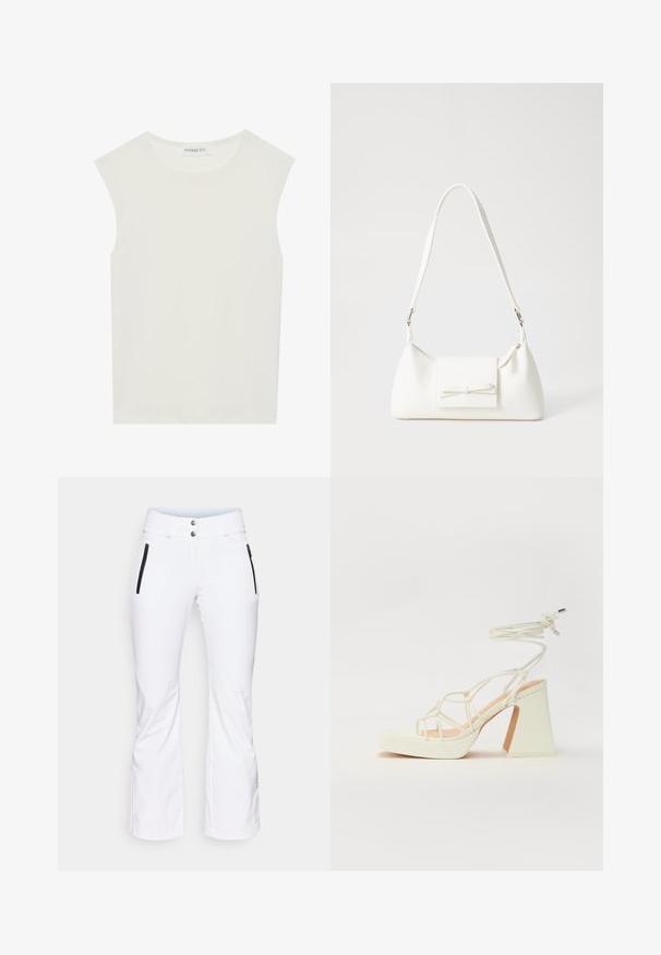 Bijela majica bez rukava s okruglim izrezom. Izrađena je od glatkog materijala, nudi opušteni kroj i minimalistički dizajn. Bez uzoraka ili ukrasa.; Bijele skijaške hlače sa suženim nogavicama, dva bočna džepa sa patentnim zatvaračem u crnoj boji i dva metalna dugmeta u struku. Glatki, vodootporni materijal.; Bijela sandala na visokoj potpetici s debelim petom, s remenom i vezanjem oko gležnja. Glatka tekstura s platformom sprijeda za dodatnu visinu.; Bijela sintetička torbica s trokutastim oblikom, ravnim prednjim poklopcem i detaljem u obliku mašne, podesivom remenom, glatkom teksturom i minimalističkim dizajnom.