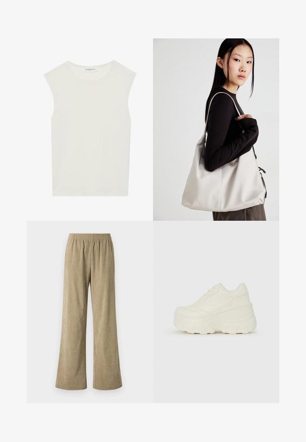 Hvit ermeløs topp med rund hals. Laget av glatt stoff, har den en avslappet passform og minimalistisk design. Ingen mønstre eller detaljer.; Beige cordfløyelsvide bukser med elastisk midjebånd, med vertikal ribbet tekstur og løs passform. Ideell for hverdagsbruk.; Hvite plattformsnickers med en glatt læraktig overdel, avrundet form, polstret krage og teksturert gummisåle med tydelige dekk.; Beige håndveske laget av mykt materiale, med en slapp design, sydd detaljer og to skulderstropper. Passer for daglig bruk.