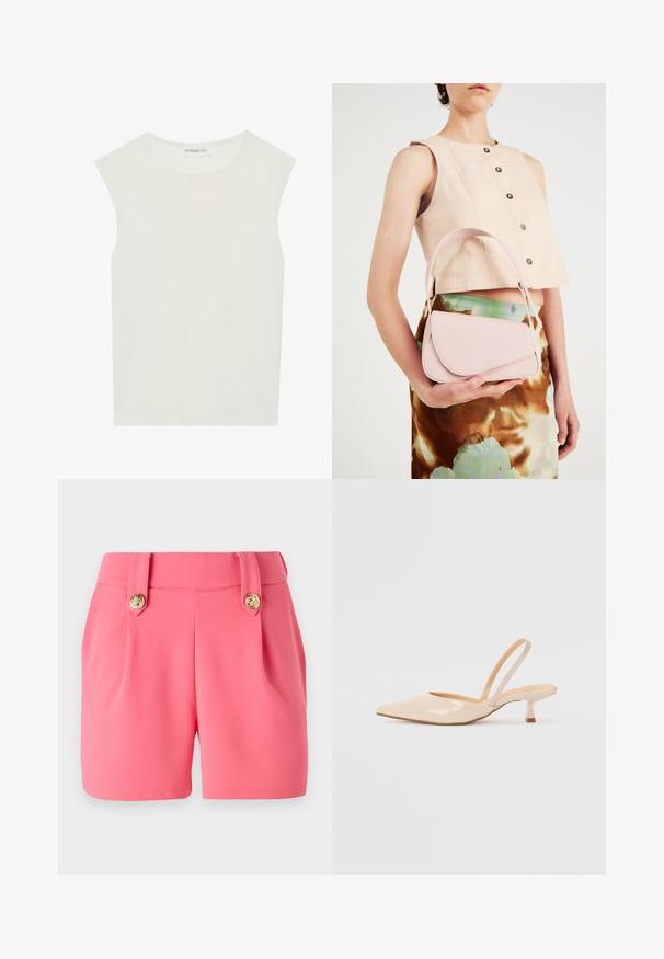 Haut sans manches blanc avec un col rond. Fabriqué en tissu lisse, il présente une coupe décontractée et un design minimaliste. Pas de motifs ni d'accents.; Shorts roses en matériau doux, avec deux plis à l'avant, des détails en bouton doré et une coupe ajustée.; Escarpins slingback en cuir verni beige avec un bout pointu et un talon carré fin. Texture lisse et design minimaliste sans ornement.; Sac à main en cuir rose avec un rabat arrondi, une bandoulière unique et des lignes épurées. Le sac présente une texture lisse et un design minimaliste.