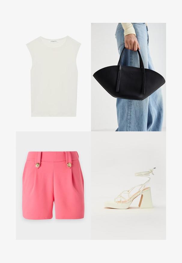 Bílý bezrukávový top s kulatým výstřihem. Vyroben z hladkého materiálu, má volný střih a minimalistický design. Bez vzorů nebo akcentů.; Růžové šortky vyrobené z měkkého materiálu, se dvěma předními sklady, zlatými detaily knoflíků a upraveným střihem.; Bílé sandály na vysokém podpatku s robustním podpatkem, s designem s pásky a zavazováním kolem kotníku. Hladký povrch s platformou vpředu pro zvýšení výšky.; Černá kožená kabelka s jedinečným tvarováním ve tvaru vějíře, vybavená plochými uchy. Povrch má jemně zrnitou texturu a minimalistický design.