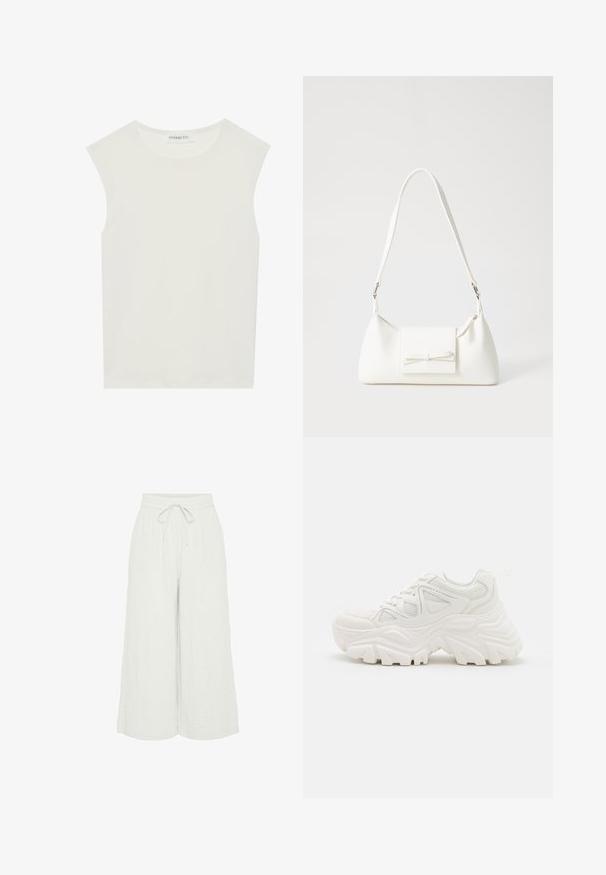 White sleeveless top with a round neckline. Made of smooth fabric, it features a relaxed fit and minimalist design. No patterns or accents.; Light gray wide-leg pants made of textured fabric, featuring an elastic waistband and adjustable drawstring.; White chunky sneakers featuring a textured upper, mesh panels, and thick rubber soles with prominent tread pattern. Laces and pull tab included.; White synthetic handbag with a triangular shape, flat front flap and bow detail, adjustable strap, smooth texture, and minimalistic design.