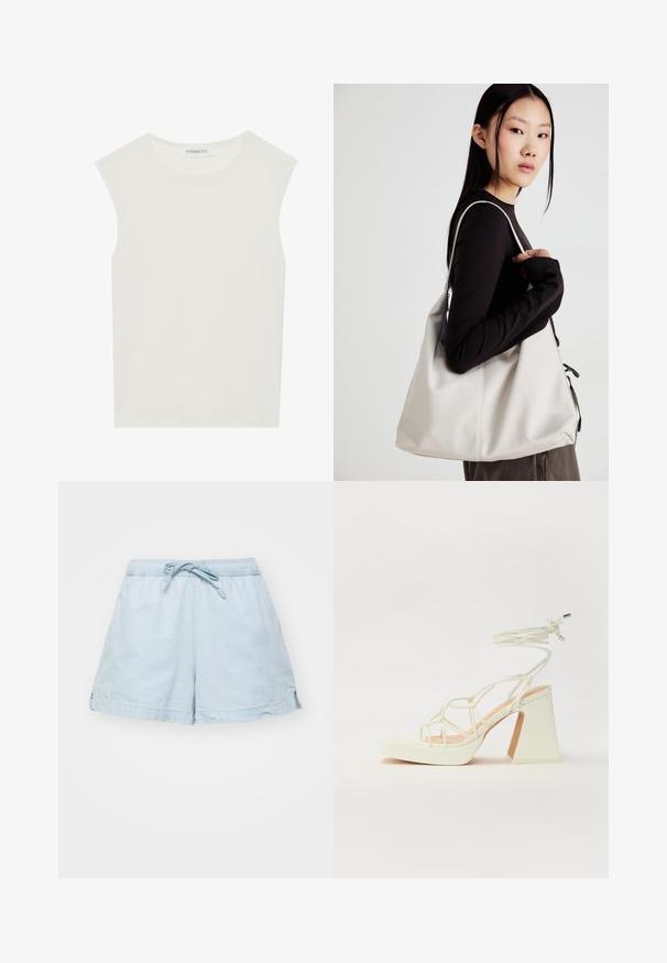 Bela brezrokavnica s okroglim izrezom. Narejena iz gladkega materiala, ima sproščen kroj in minimalističen dizajn. Brez vzorcev ali okrasnih elementov.; Svetlo modri, lahki kratki hlače z elastičnim pasom in vrvico. Imajo stranske žepke in sproščen kroj, narejene so iz mehkega blaga.; Bela sandala na visokih petah s debelim petam, ki ima obliko trakcev in vezanje okoli gležnja. Gladka tekstura z platformo spredaj za dodatno višino.; Bežna torbica iz mehkega materiala, z ohlapno zasnovo, šivi in dvema naramnicama. Primerna za vsakodnevno uporabo.