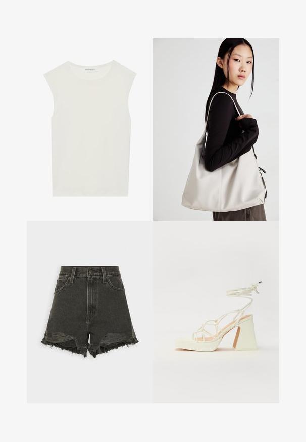 Bela brezrokavnica s okroglim izrezom. Narejena iz gladkega materiala, ima sproščen kroj in minimalističen dizajn. Brez vzorcev ali okrasnih elementov.; Črni jeans kratke hlače z raztrganimi robovi, visoki pas, pet žepov in gumbnim zapenjanjem. Zdrsna tekstura dodaja vizualno zanimivost.; Bela sandala na visokih petah s debelim petam, ki ima obliko trakcev in vezanje okoli gležnja. Gladka tekstura z platformo spredaj za dodatno višino.; Bežna torbica iz mehkega materiala, z ohlapno zasnovo, šivi in dvema naramnicama. Primerna za vsakodnevno uporabo.