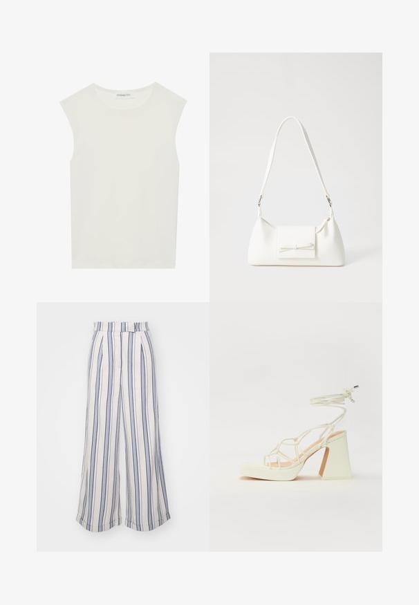 Valge ilma varrukateta topp ümmarguse kaelusega. Valmistatud siledast kangast, sellel on mugav lõige ja minimalistlik disain. Ei ole mustreid ega aksessuaare.; Kreemja ja tumesinise triibuga laiad püksid, valmistatud pehmest kangast. Omavad istuvat vööd ja keeratud ääriseid, rõhutades vertikaalseid triibe.; Valged kõrge kontsaga sandaalid, millel on paks konts ja rihmadega disain koos pahkluu sidumisega. Sile tekstuur ja platvorm ees, et lisada kõrgust.; Valge sünteetilisest materjalist kott kolmnurkse kujuga, lame esiklapiga ja kaaredetailiga, reguleeritava rihmaga, sileda tekstuuriga ja minimalistliku disainiga.