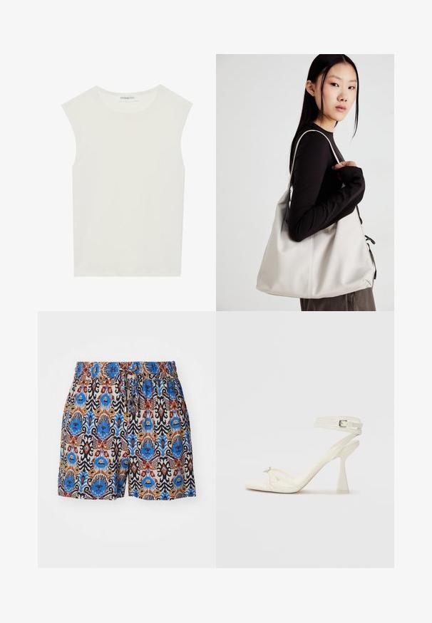 Bela brezrokavnica s okroglim izrezom. Narejena iz gladkega materiala, ima sproščen kroj in minimalističen dizajn. Brez vzorcev ali okrasnih elementov.; Šortai z vzorcem z elastičnim pasom. Imajo živahne modre, rdeče in rjave vzorce na svetli tkanini.; Sandal z visoko peto z naramnicami v beli usnjeni izvedbi s popolnim dizajnom, prozorno blok peto in dekorativnim elementom na prstih.; Bežna torbica iz mehkega materiala, z ohlapno zasnovo, šivi in dvema naramnicama. Primerna za vsakodnevno uporabo.