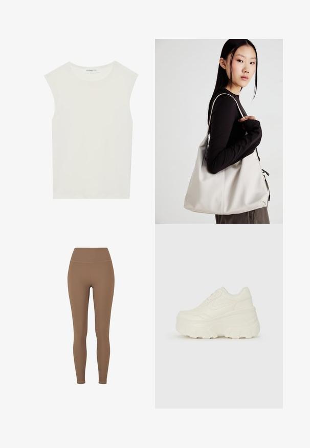 Biely bezrukávový top s okrúhlym výstrihom. Vyrobený z hladkého materiálu, má uvoľnený strih a minimalistický dizajn. Žiadne vzory alebo akcenty.; Hnedé rebrované legíny s vysokým pásom. Textília vyzerá elasticky a hladko, s minimálnym šitím a bez viditeľných vzorov.; Biele platformové tenisky s hladkým koženkovým svrchným materiálom, zaobleným tvarom, polstrovaným golierom a textúrovanou gumovou podrážkou s výrazným vzorom.; Béžová kabelka vyrobená z mäkkého materiálu, s uvoľneným dizajnom, prišitými detailmi a dvoma popruhmi na nosenie na pleciach. Vhodná na každodenné nosenie.