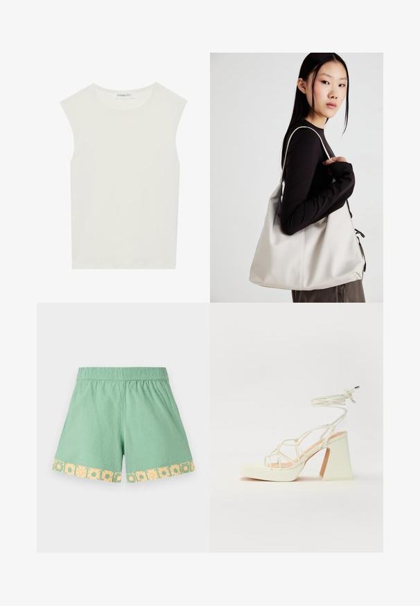 Fehér ujjatlan felső, kerek nyakkivágással. Simább anyagból készült, laza fazonnal és minimalista kialakítással rendelkezik. Nincsenek minták vagy díszítések.; Világos zöld rövidnadrág, rugalmas derékkal és sárga virágmintával az alján. Puha, könnyű anyag, laza szabással.; Fehér, magassarkú szandál vastag sarokkal, pántos dizájnnal és bokapánttal. Sima textúra, elülső platformmal a megnövelt magasság érdekében.; Puha anyagból készült bézs kézitáska, laza dizájnnal, varrott részletekkel és két vállpánttal. Mindennapi használatra alkalmas.