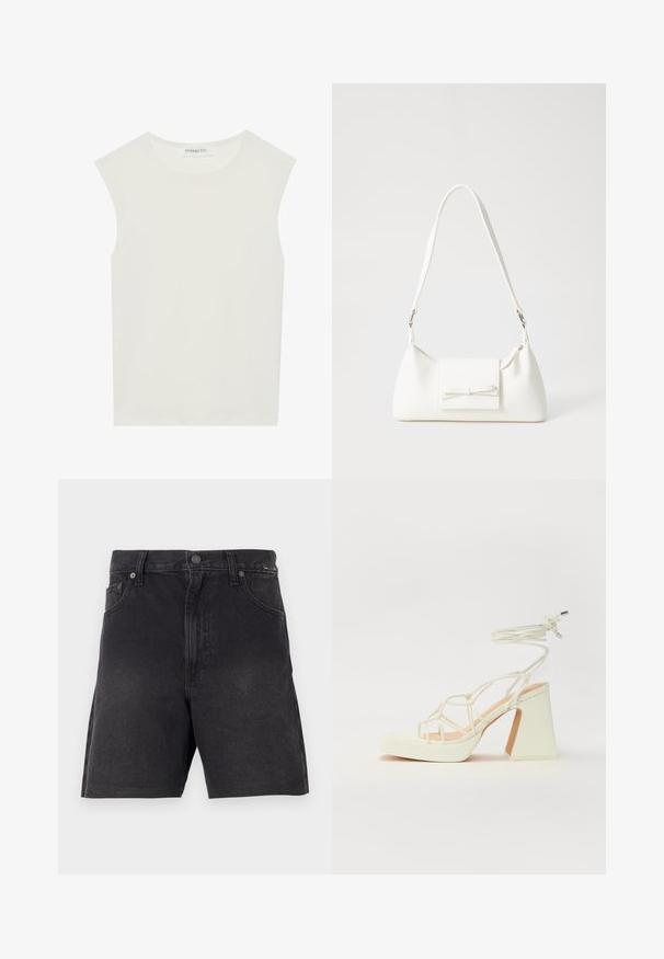 Hvit ermeløs topp med rund hals. Laget av glatt stoff, har den en avslappet passform og minimalistisk design. Ingen mønstre eller detaljer.; Sorte denimshorts med rett snitt, med knappelukking, frontlommer og teksturert stoff. Minimalistisk design uten synlige mønstre.; Hvit høyhælte sandal med kraftig hæl, med en stroppe-design og ankelbånd. Glatt tekstur med plattform foran for ekstra høyde.; Hvit syntetisk håndveske med trekantet form, flat klaff foran og sløyfe detaljer, justerbar stropp, glatt tekstur og minimalistisk design.