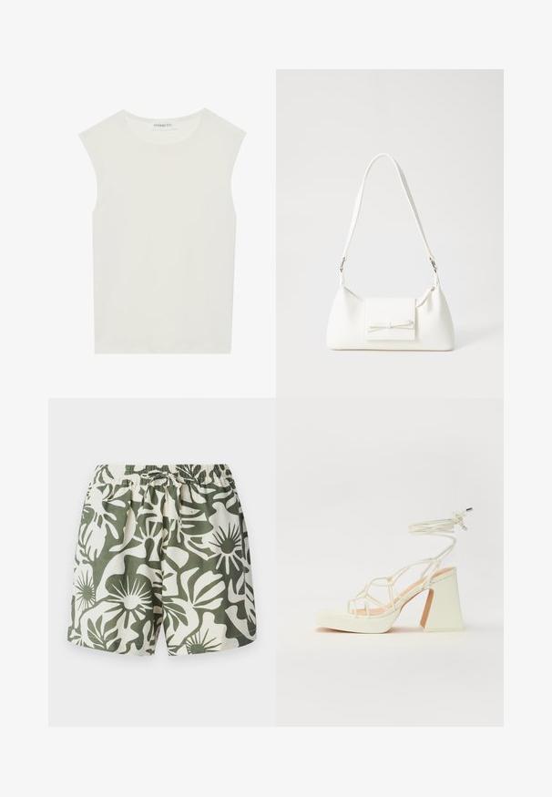 Balta be rankovių palaidinė su apvaliu kaklu. Pagaminta iš lygios medžiagos, ji turi laisvą siluetą ir minimalistinį dizainą. Be raštų ar akcentų.; Žalios ir kremu gėlėmis margintos šortai su elastinga juosta ir kaklaraiščiu, pagaminti iš lengvos medžiagos. Kasdienis dizainas, laisvas siluetas.; Balti aukštakulniai sandalai su masyviu kulnu, su dirželių dizainu ir kulkšnies raiščiu. Lygi tekstūra su platforma priekyje, suteikianti papildomą aukštį.; Balta sintetinė rankinė trikampio formos, plokščiu priekiu su užsegimu, kaspino detale, reguliuojama dirželiu, lygia tekstūra ir minimalistišku dizainu.