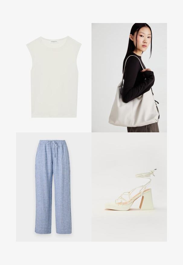 Fehér ujjatlan felső, kerek nyakkivágással. Simább anyagból készült, laza fazonnal és minimalista kialakítással rendelkezik. Nincsenek minták vagy díszítések.; Kék kockás pizsama nadrág, elasztikus derékkal és húzózsinórral. Lazán illeszkedő, puha anyagú textúra. Nincsenek látható zsebek.; Fehér, magassarkú szandál vastag sarokkal, pántos dizájnnal és bokapánttal. Sima textúra, elülső platformmal a megnövelt magasság érdekében.; Puha anyagból készült bézs kézitáska, laza dizájnnal, varrott részletekkel és két vállpánttal. Mindennapi használatra alkalmas.