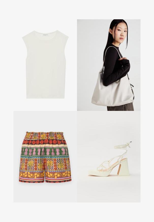 Fehér ujjatlan felső, kerek nyakkivágással. Simább anyagból készült, laza fazonnal és minimalista kialakítással rendelkezik. Nincsenek minták vagy díszítések.; Több mintás rövidnadrág, élénk színek keverékével, beleértve a pirosat, sárgát, zöldet és rózsaszínt, rugalmas derékkal és változatos trópusi motívumokkal.; Fehér, magassarkú szandál vastag sarokkal, pántos dizájnnal és bokapánttal. Sima textúra, elülső platformmal a megnövelt magasság érdekében.; Puha anyagból készült bézs kézitáska, laza dizájnnal, varrott részletekkel és két vállpánttal. Mindennapi használatra alkalmas.