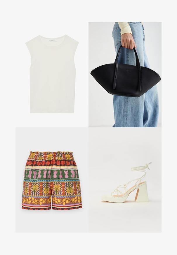 Witte mouwloze top met een ronde halslijn. Gemaakt van gladde stof, het heeft een losse pasvorm en een minimalistisch ontwerp. Geen patronen of accenten.; Multigekleurde shorts met een mix van felle kleuren zoals rood, geel, groen en roze, voorzien van een elastische tailleband en verschillende tropische motieven.; Witte hoge hakken sandaal met een chunky hak, met een bandjesontwerp en enkelband. Gladde textuur met een plateau voor extra hoogte.; Zwarte leren handtas met een unieke waaier vorm, voorzien van platte handvatten. Het oppervlak heeft een gewelfde textuur en een minimalistisch ontwerp.