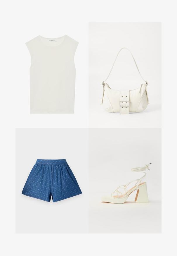 Balta be rankovių palaidinė su apvaliu kaklu. Pagaminta iš lygios medžiagos, ji turi laisvą siluetą ir minimalistinį dizainą. Be raštų ar akcentų.; Mėlyni džinsiniai šortai su elastinga juosmens juosta ir baltais taškeliais. Savybės: laisvas pjūvis ir iki kelių siekiantis ilgis. Lygus paviršius.; Balti aukštakulniai sandalai su masyviu kulnu, su dirželių dizainu ir kulkšnies raiščiu. Lygi tekstūra su platforma priekyje, suteikianti papildomą aukštį.; Balta peties rankinė su tekstūruotu paviršiumi, centrinė apykaklė ir išlinkusi forma. Užtrauktukų uždarymai abiejose pusėse.