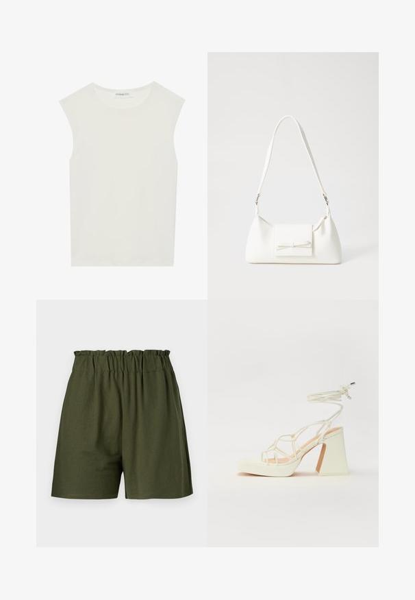 Top branco sem mangas com decote redondo. Feito de um tecido liso, apresenta um corte descontraído e um design minimalista. Sem padrões ou detalhes.; Calções de cintura elástica verde escuro, com um corte descontraído e sem bolsos. Fabricados em tecido suave e leve.; Sandálias brancas de salto alto com um salto robusto, apresentando um design com tiras e amarração no tornozelo. Textura suave com uma plataforma na frente para altura adicional.; Mala sintética branca com formato triangular, aba frontal plana e detalhe de laço, alça ajustável, textura suave e design minimalista.