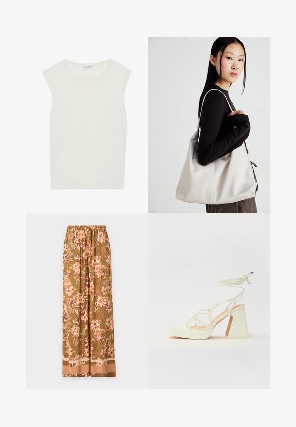 Hvid ærmeløs top med rund halsudskæring. Lavet af glat stof, har den en afslappet pasform og minimalistisk design. Ingen mønstre eller accenter.; Blomster bukser med vid ben i oliven grøn med pink og creme blomster mønstre. Har en elastisk talje og en kontrasterende kant.; Hvide højhælede sandaler med en kraftig hæl, der har et stropdesign og ankelbinding. Glat tekstur med en platform foran for ekstra højde.; Beige håndtaske lavet af blødt materiale med et slouchy design, stikninger og to skulderremme. Velegnet til daglig brug.