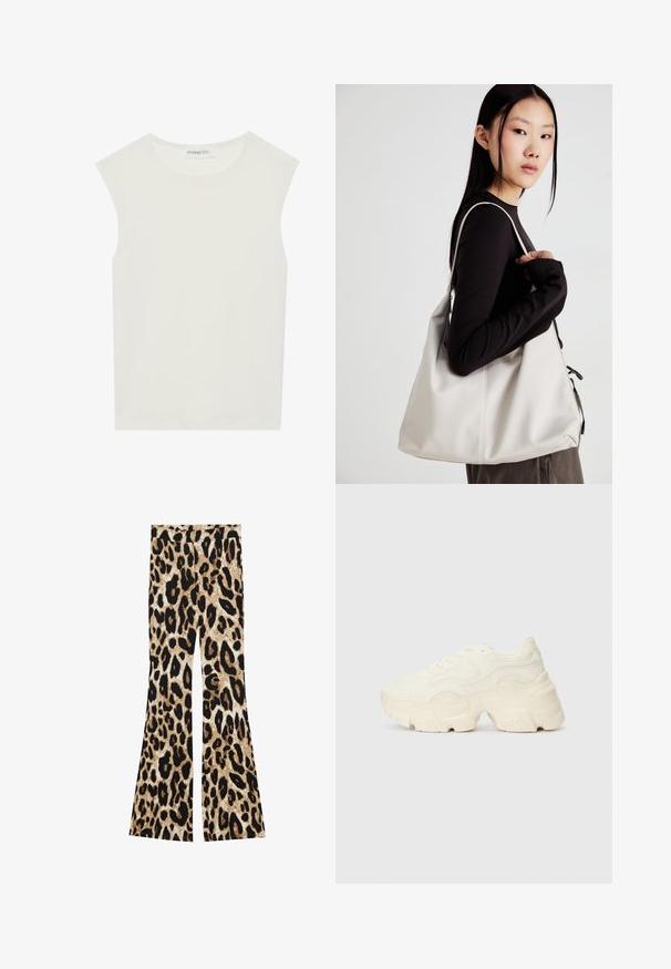 Top branco sem mangas com decote redondo. Feito de um tecido liso, apresenta um corte descontraído e um design minimalista. Sem padrões ou detalhes.; Calças largas com padrão de leopardo em tons de preto e castanho, textura canelada e design de cintura alta.; Sapatilhas brancas chunky feitas de malha texturizada e materiais sintéticos, apresentando uma sola espessa e detalhes de padrão intrincados ao longo dos lados.; Uma bolsa bege feita de material macio, com um design descontraído, detalhes de costura e duas alças para o ombro. Adequada para uso diário.