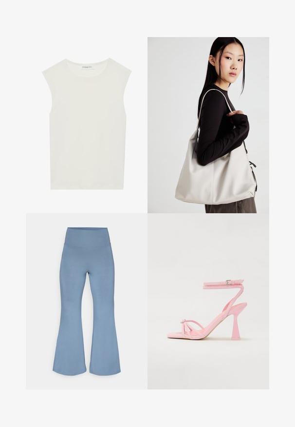 Balts bez piedurknēm tops ar apaļu kakla izgriezumu. Izgatavots no gludas auduma, tam ir brīvs piegriezums un minimālistisks dizains. Nav nekādas rakstainības vai akcentu.; Izpletni jogas bikses gaišzilos toņos, izgatavotas no elastīga auduma. Augsts jostasviete un gluda tekstūra, kas sašaurinās pie potītēm.; Rozā augstpapēžu sandales ar siksnu dizainu un potītes sprādzi. Ir dekoratīvs elements pirkstos un mūsdienīgs, sašaurināts papēža dizains.; Bežs rokassoma, izgatavota no mīksta materiāla, ar brīvu dizainu, izšūtu apdari un divām plecu siksnām. Piemērota ikdienas lietošanai.