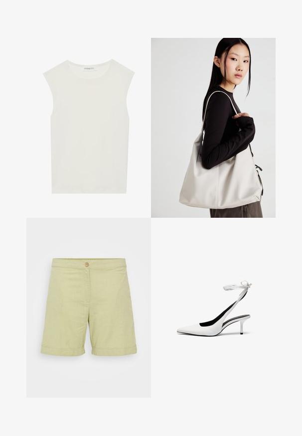 White sleeveless top with a round neckline. Made of smooth fabric, it features a relaxed fit and minimalist design. No patterns or accents.; Light green linen shorts with a button closure, smooth texture, rolled hems, and a simple, straight cut design.; White pointed-toe slingback heels with a thin ankle strap. Smooth leather material, thin stiletto heel, and a black interior lining.; Beige handbag made of soft material, featuring a slouchy design, stitched detailing, and two shoulder straps. Suitable for everyday use.