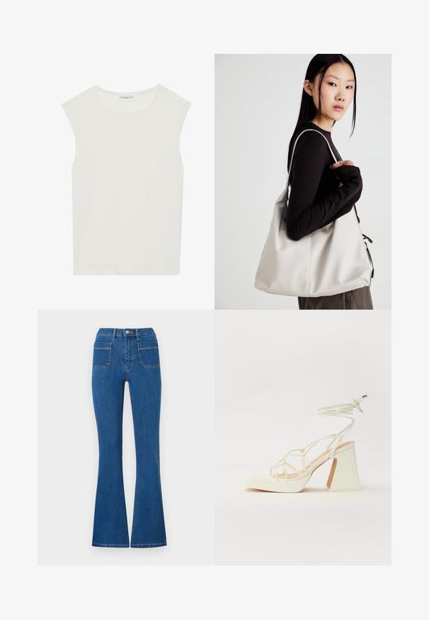 Hvit ermeløs topp med rund hals. Laget av glatt stoff, har den en avslappet passform og minimalistisk design. Ingen mønstre eller detaljer.; Ullsvarte blå jeans med høy midje, laget av denim. Har to baklommer og metallknappelukking foran. Renslig, minimalistisk design.; Hvit høyhælte sandal med kraftig hæl, med en stroppe-design og ankelbånd. Glatt tekstur med plattform foran for ekstra høyde.; Beige håndveske laget av mykt materiale, med en slapp design, sydd detaljer og to skulderstropper. Passer for daglig bruk.