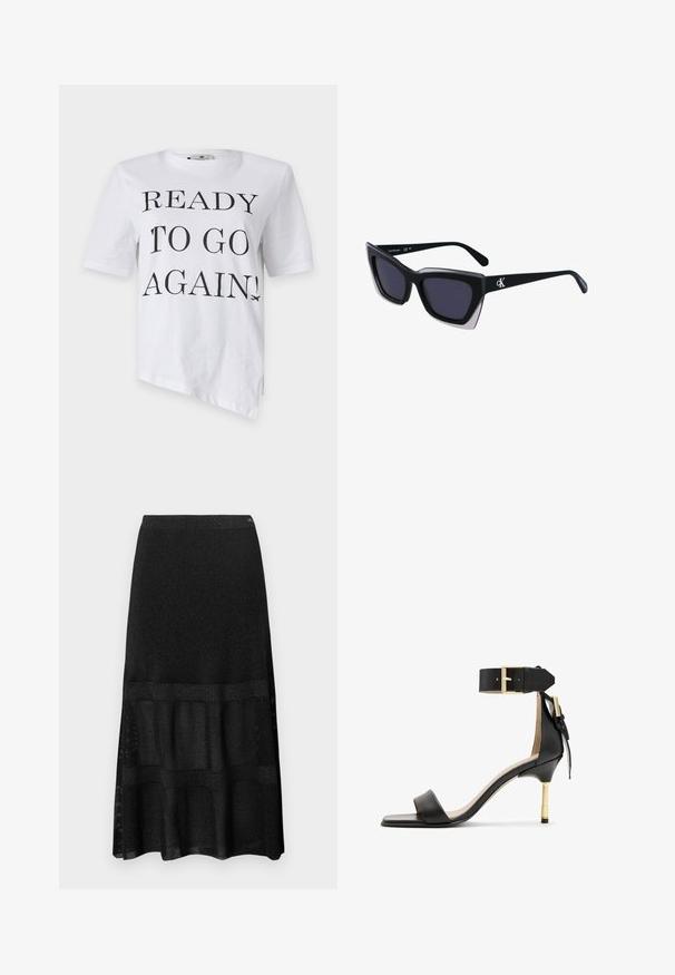 Valkoinen t-paita lyhyillä hihoilla, jossa on musta printti, jossa lukee "VALMIS MENEMAAN UUDELLEEN!" ja lentokonesymboli alhaalla oikealla.; Mustat ribbikudotut pitkät hameet, joissa on teksturoitu paneelimuotoilu, elastinen vyötärö ja hienovarainen kimalle koko kankaan läpi.; Musta nahkainen korkokenkä, jossa on neliönmuotoinen kärki, nilkkahihna, jossa on kultainen solki, ja hoikka metallinen korko. Sileä pinta, minimalistinen muotoilu.; Mustat ylisuuret aurinkolasit, joissa on geometrinen muoto, tummat linssit ja kehykseen erottuva harmaa yksityiskohta. Logo varressa.