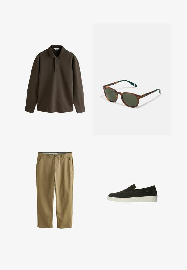 Braunes Langarm-Polohemd mit Kragen, Dreiknopf-Leiste und gerippten Bündchen. Hergestellt aus weichem Stoff mit glatter Textur.; Khakifarbene Chinos aus Baumwollmischung, mit zwei Seitentaschen, einem Knopfverschluss, geradem Bein und glatter Textur.; Manfield Slipper - grün; Schildkrötensonnenbrille mit grünen Gläsern, runder Form, goldenen Akzenten und dunkelgrünen Bügeln mit einem weißen Streifen.