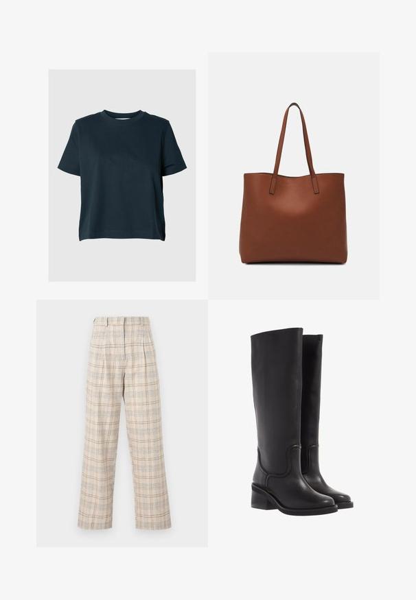 Sötétkék, rövid ujjú póló pamutból. Standard környakú kialakítás, laza fazonnal, sima textúrával és látható minták nélkül.; Beige kockás nadrág, széles szabással, kék és barna finom ellenállásmintával. Könnyű anyagból készült, deréknál pliszírozással.; Fekete bőr, térdfelett érő csizmák sima textúrával, kerek orral és vastag sarokkal. Finom varrásokkal és letisztult dizájnnal rendelkezik.; Barna bőr vászontáska sima textúrával, nyitott tetejű dizájnnal és két vállpánttal. Minimális varrással és látható hardver nélkül készült.