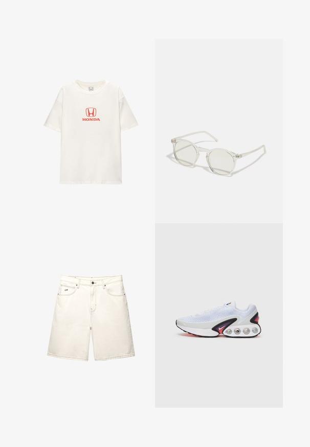 Witte katoenen t-shirt met korte mouwen. Heeft een rood "HONDA" logo boven een rechthoekig embleem in het midden. Eenvoudig, klassiek ontwerp.; Witte denim shorts met een rechte snit, vijf zakken en zichtbare stiksels. Voorzien van een sluiting met een knop aan de voorkant en een klein merkje aan de zijkant.; Nike sneaker met een witte mesh bovenkant en paarse accenten, een ronde, gevoerde zool en zichtbare luchtbellen. Zwarte buitenzool voor grip.; Ronde zonnebrillen met een transparante montuur, lichtgroene lenzen en dunne, transparante pootjes. Bevat subtiele hardware-accenten op het montuur.