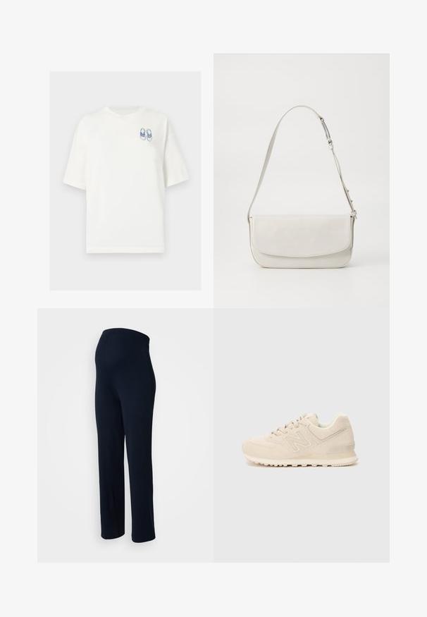 T-shirt en coton blanc à manches courtes, avec un graphique bleu de chaussures sur la partie gauche de la poitrine, ourlet droit.; Pantalon stretch bleu marine avec une texture lisse, ceinture élastique et coupe droite, sans matériel visible ni motifs.; Baskets New Balance beiges avec une tige en daim et en mesh, système de laçage, col rembourré et semelle en caoutchouc texturé sur un fond blanc.; Sac à épaule en cuir blanc avec une finition lisse, de forme rectangulaire, fermeture à rabat et une bandoulière réglable. Détails de couture simples.