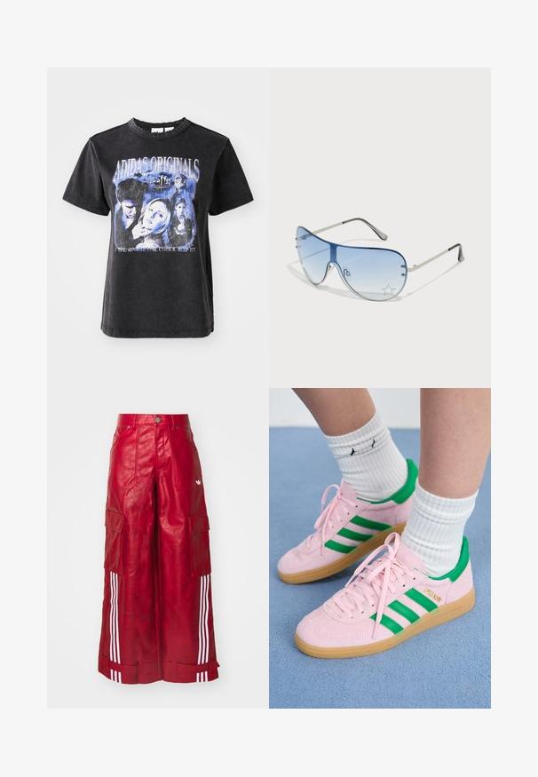 T-shirt preta de algodão com mangas curtas, com uma impressão gráfica desgastada de personagens de "Buffy, a Caçadora de Vampiros" em tons de azul.; As calças cargo largas de couro vermelho apresentam uma cintura alta, fecho de botão, bolsos laterais e três riscas brancas ao longo das pernas.; Sapatilhas de camurça rosas com riscas e acentos verdes, apresentando uma sola de borracha. Usadas com meias brancas caneladas. A vista em close destaca os detalhes.; Óculos de sol aviador com lentes azuis em degradê, armação metálica prateada e detalhes decorativos de estrelas nas lentes. Design suave e elegante.