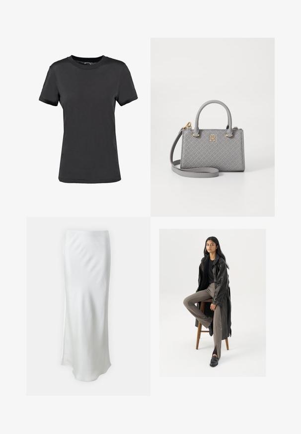 Črna majica s kratkimi rokavi, izdelana iz gladkega materiala. Ima okrogel izrez brez vidnih vzorcev ali naglasov, kar ponuja preprosto zasnovo.; Samsøe Samsøe AGNETA SKIRT - Krilo A-kroja - solitary star; Črn usnjen trench plašč z gumbi in detajli pasu, v kombinaciji s svetlo rjavimi prilegajočimi hlačami in črnimi loferji, sedeč na lesenem stolu.; Tommy Hilfiger ETERNITY MICRO TOTE MONO - Torbica - universal grey